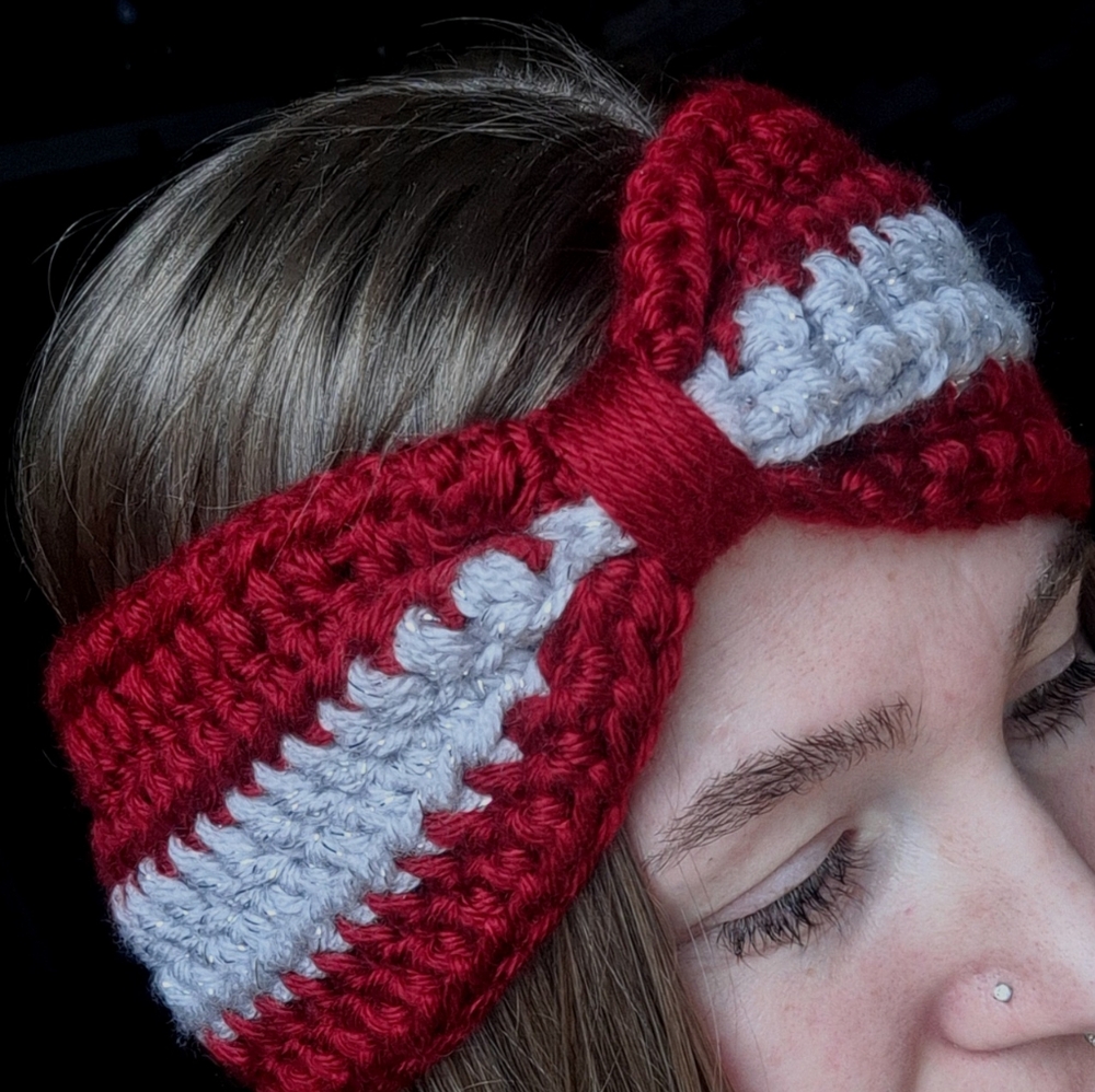 Handmade Red and Gray/Sparkle Crochet Bow Headband